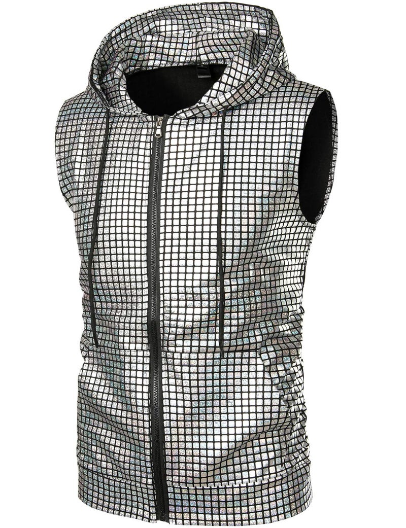ZEROYAA Mens Hipster Metallic Sequins Zip Up Sleeveless Hooded Vest T Shirt with Kangaroo Pocket ZLSV17 Silver Small - Image 3